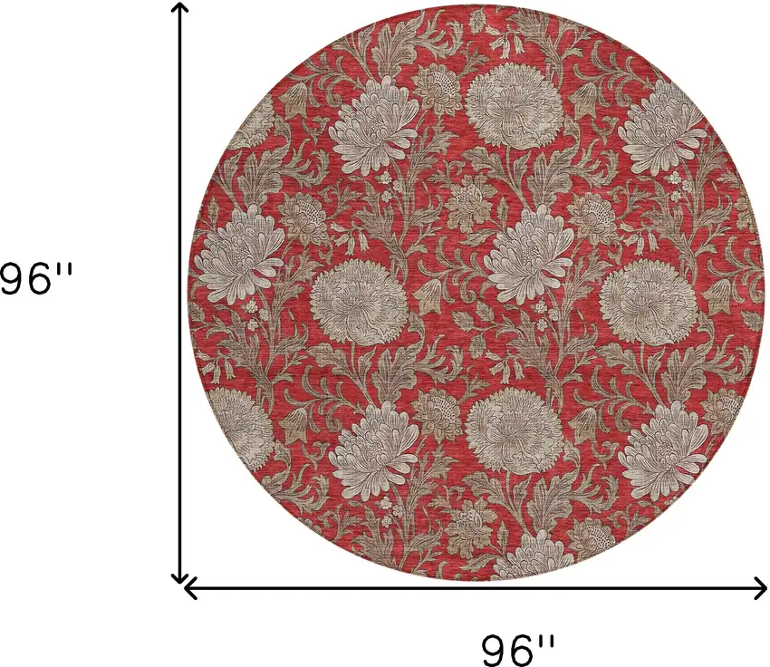 8' Red Taupe And Beige Round Floral Washable Indoor Outdoor Area Rug Photo 3