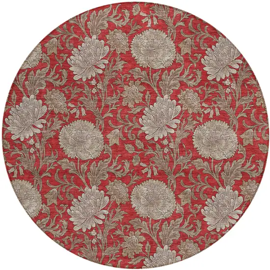 8' Red Taupe And Beige Round Floral Washable Indoor Outdoor Area Rug Photo 2