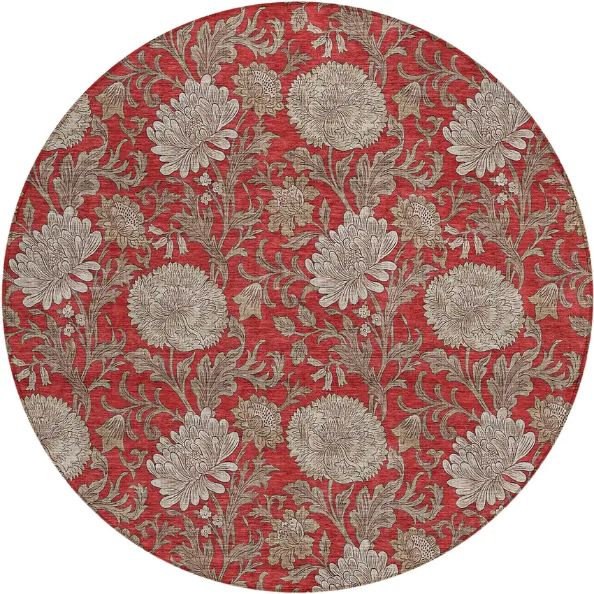 8' Red Taupe And Beige Round Floral Washable Indoor Outdoor Area Rug Photo 2
