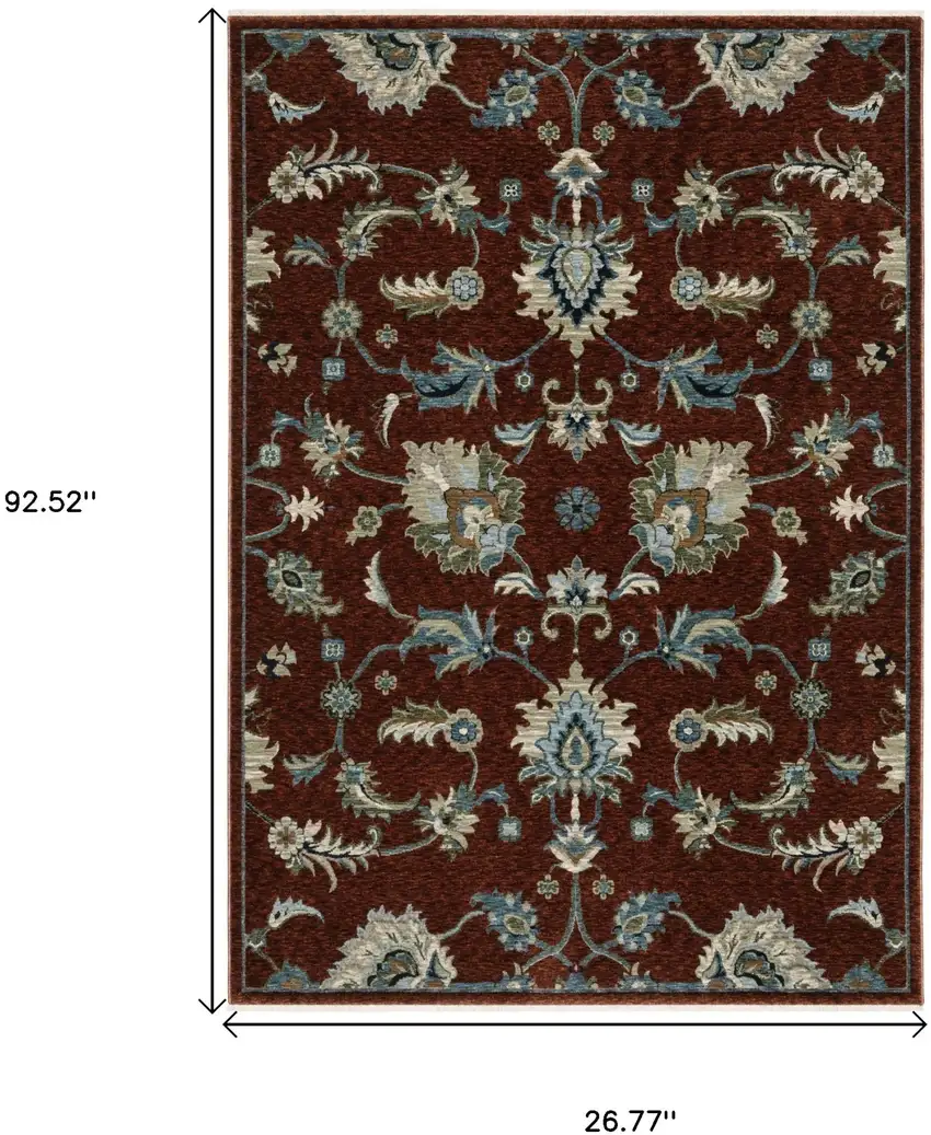 8' Red Teal And Green Oriental Runner Rug With Fringe Photo 3