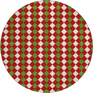 Photo of 8' Red White And Green Round Argyle Washable Indoor Outdoor Area Rug