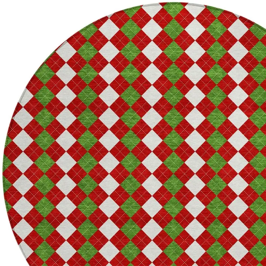 8' Red White And Green Round Argyle Washable Indoor Outdoor Area Rug Photo 4