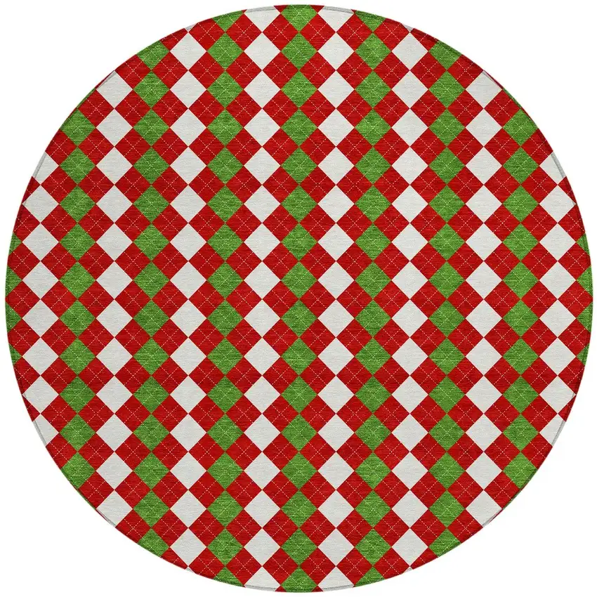 8' Red White And Green Round Argyle Washable Indoor Outdoor Area Rug Photo 3