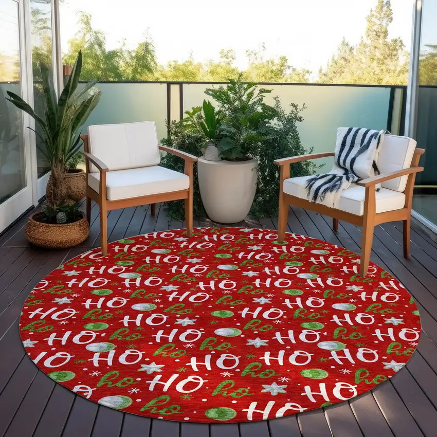8' Red White And Green Round Polka Dot Washable Indoor Outdoor Area Rug Photo 5