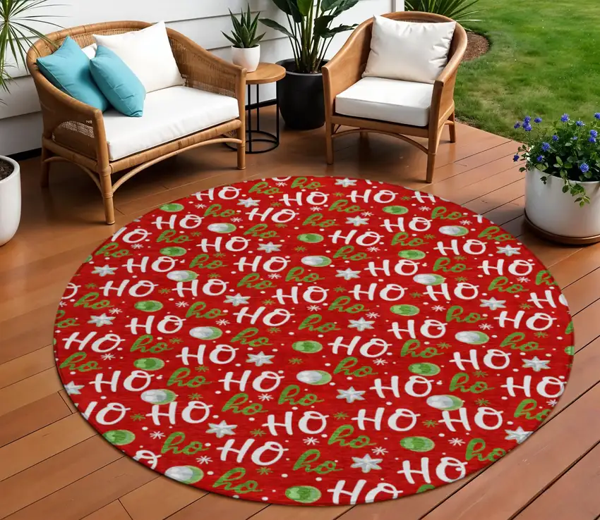 8' Red White And Green Round Polka Dot Washable Indoor Outdoor Area Rug Photo 2