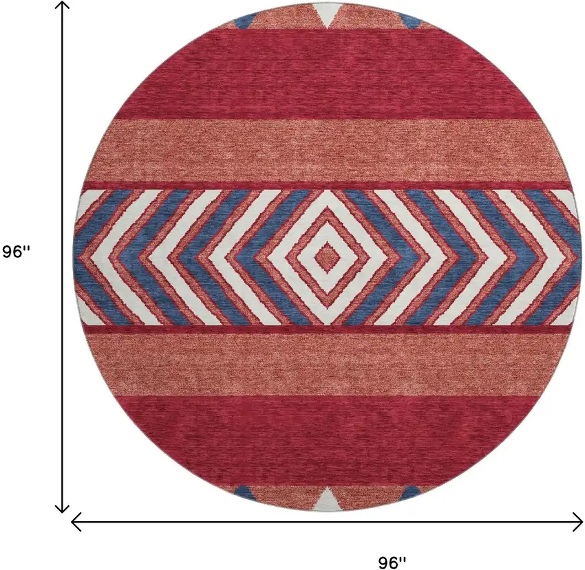 8' Red White And Navy Blue Southwestern Washable Round Rug With UV Protection Photo 8