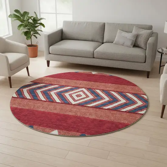 8' Red White And Navy Blue Southwestern Washable Round Rug With UV Protection Photo 2