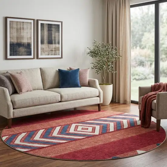8' Red White And Navy Blue Southwestern Washable Round Rug With UV Protection Photo 1