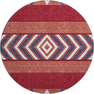 Photo of 8' Red White And Navy Blue Southwestern Washable Round Rug With UV Protection