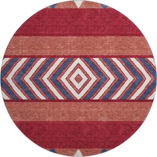 8' Red White And Navy Blue Southwestern Washable Round Rug With UV Protection Photo 1