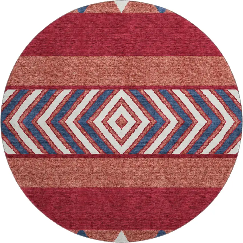 8' Red White And Navy Blue Southwestern Washable Round Rug With UV Protection Photo 1