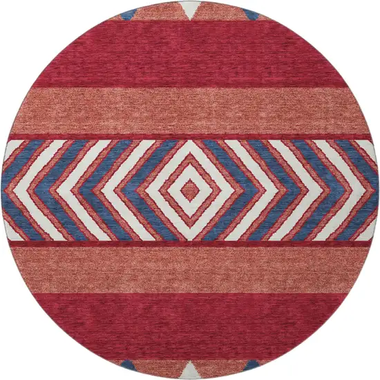 8' Red White And Navy Blue Southwestern Washable Round Rug With UV Protection Photo 2