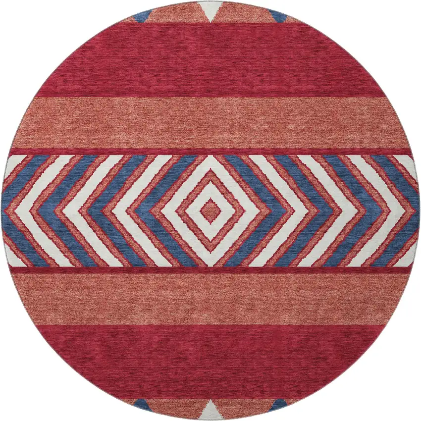 8' Red White And Navy Blue Southwestern Washable Round Rug With UV Protection Photo 2