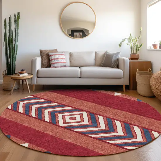 8' Red White And Navy Blue Southwestern Washable Round Rug With UV Protection Photo 3