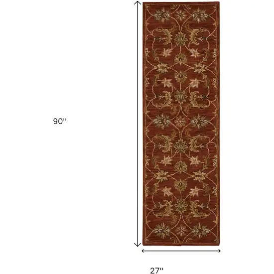 8' Red Wool Floral Runner Rug Photo 3