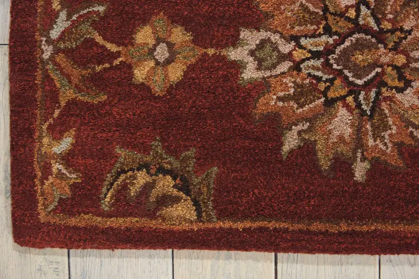 8' Red Wool Floral Runner Rug Photo 6