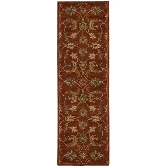 8' Red Wool Floral Runner Rug Photo 2