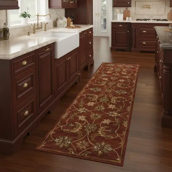 8' Red Wool Floral Runner Rug Photo 1