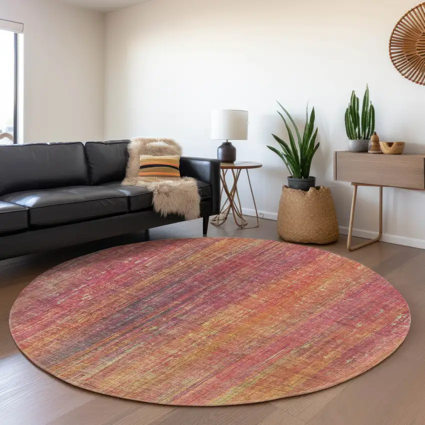 8' Red Yellow And Orange Striped Washable Round Rug With UV Protection Photo 5