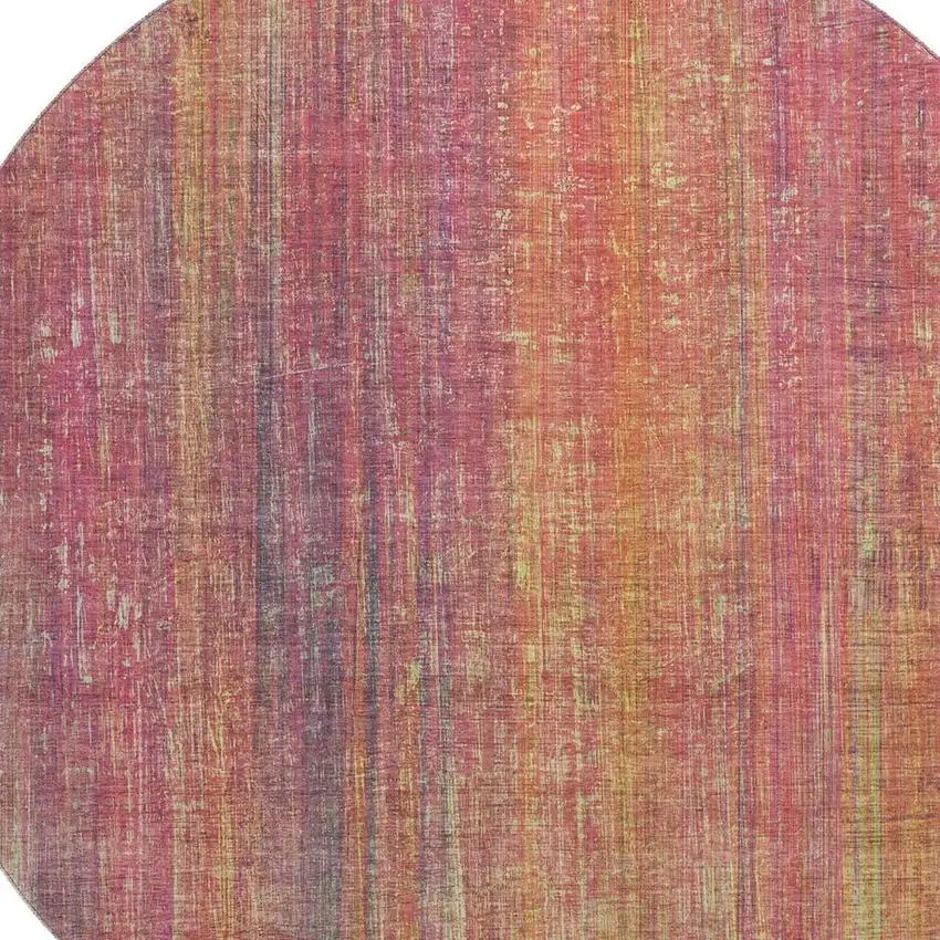 8' Red Yellow And Orange Striped Washable Round Rug With UV Protection Photo 3