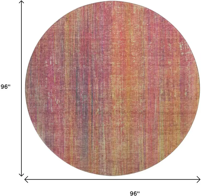 8' Red Yellow And Orange Striped Washable Round Rug With UV Protection Photo 9