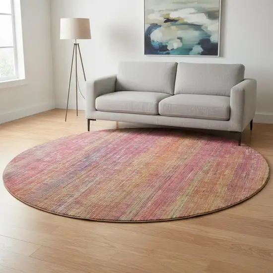 8' Red Yellow And Orange Striped Washable Round Rug With UV Protection Photo 2