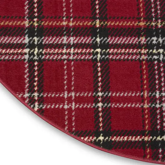5' Red and Black Round Plaid Power Loom Area Rug Photo 9