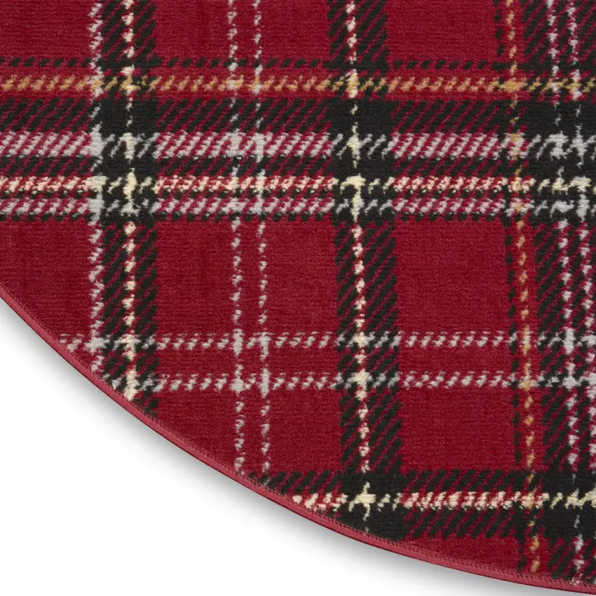 5' Red and Black Round Plaid Power Loom Area Rug Photo 9
