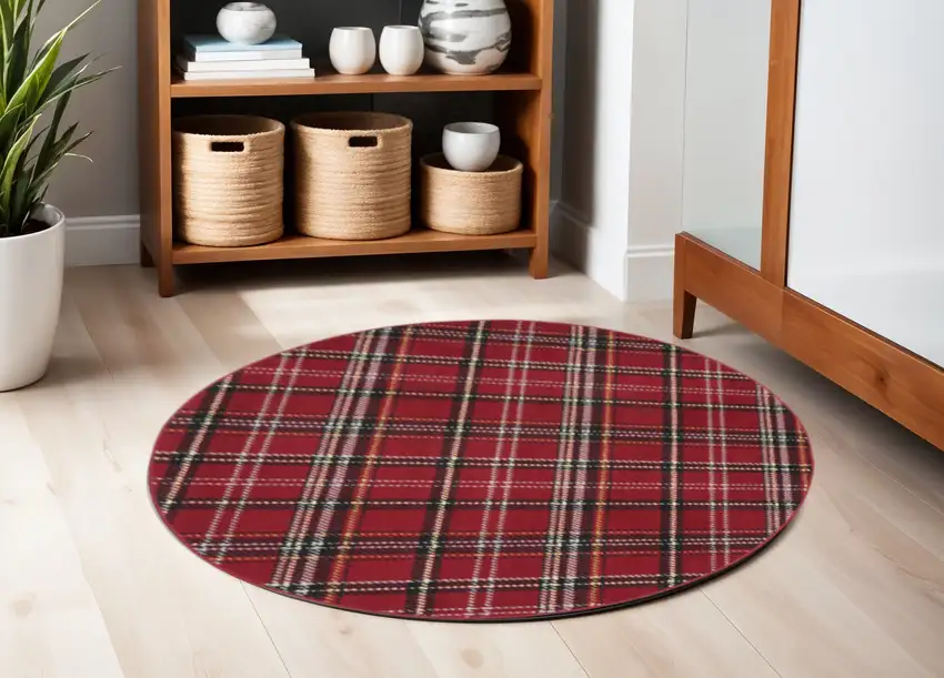 5' Red and Black Round Plaid Power Loom Area Rug Photo 1