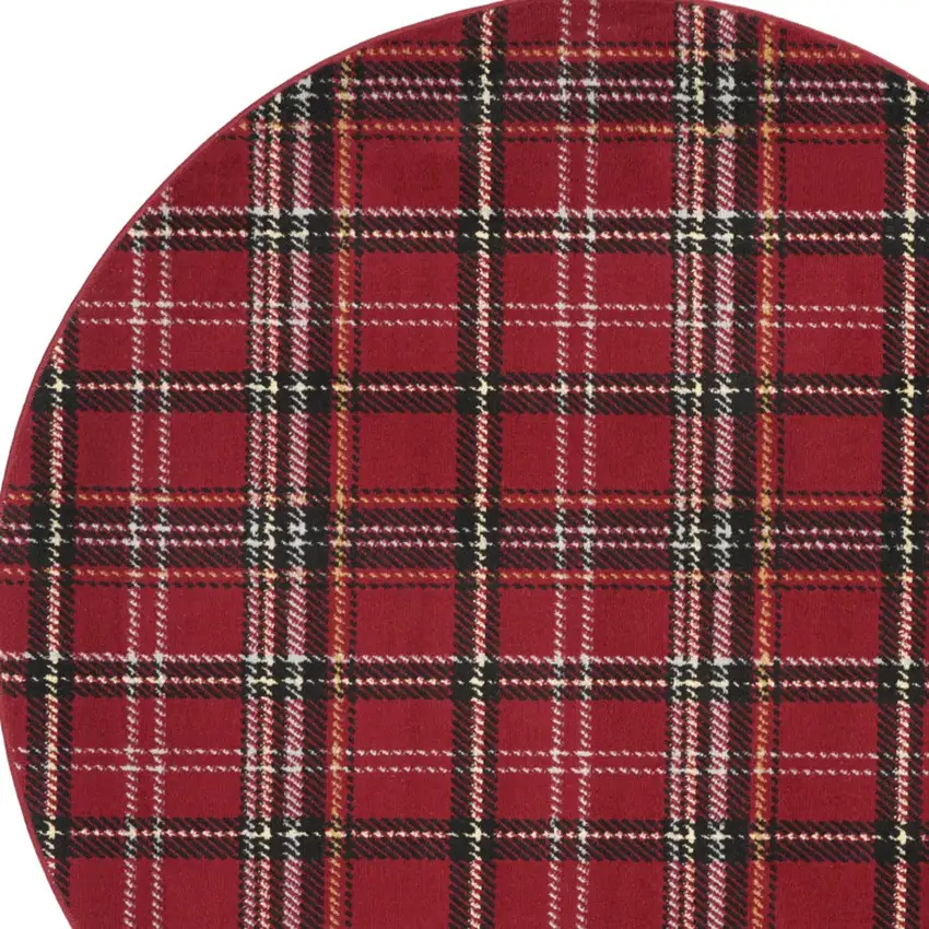5' Red and Black Round Plaid Power Loom Area Rug Photo 7