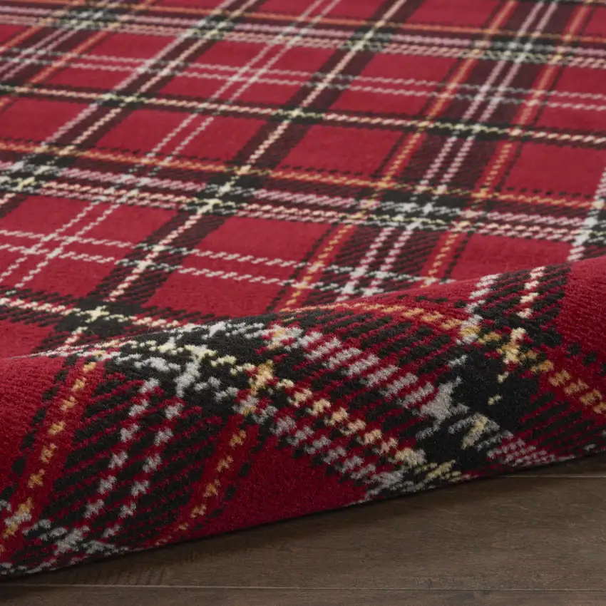 5' Red and Black Round Plaid Power Loom Area Rug Photo 8