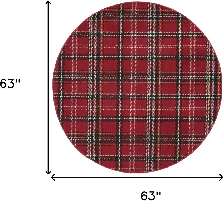 5' Red and Black Round Plaid Power Loom Area Rug Photo 3