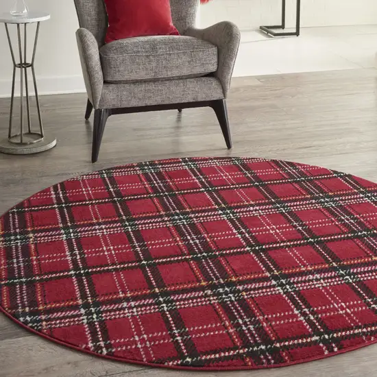 5' Red and Black Round Plaid Power Loom Area Rug Photo 5