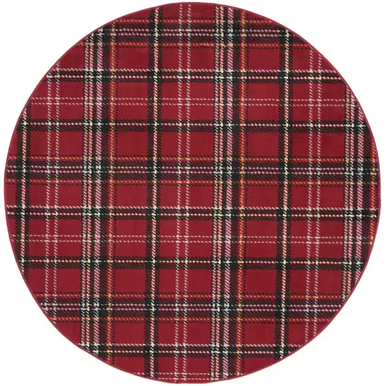 5' Red and Black Round Plaid Power Loom Area Rug Photo 4