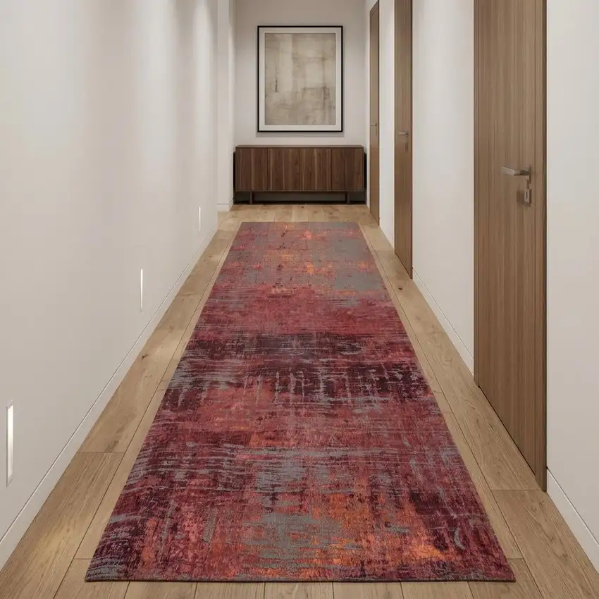 10' Gray And Red Abstract Runner Rug Photo 1