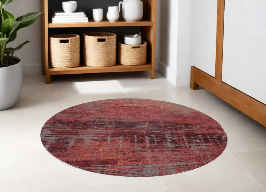 5' Red and Gray Round Abstract Non Skid Area Rug Photo 1