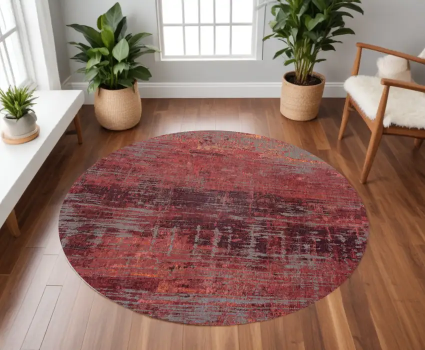 8' Red and Gray Round Abstract Non Skid Area Rug Photo 1