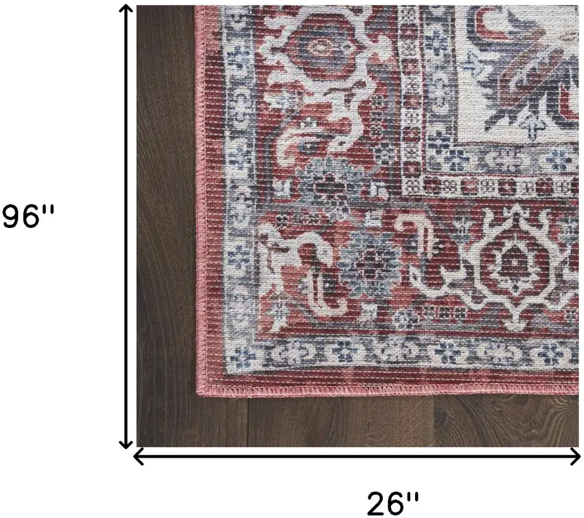 8' Red and Ivory Floral Power Loom Distressed Washable Runner Rug Photo 8