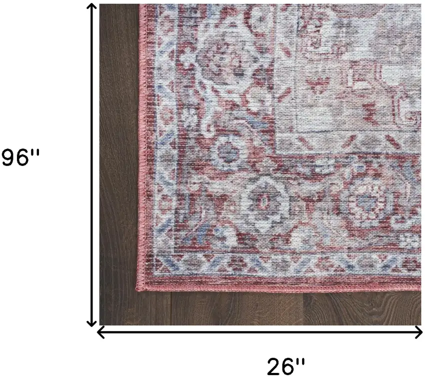 8' Red and Ivory Floral Power Loom Distressed Washable Runner Rug Photo 7