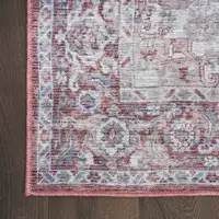 Photo of 8' Red and Ivory Floral Power Loom Distressed Washable Runner Rug