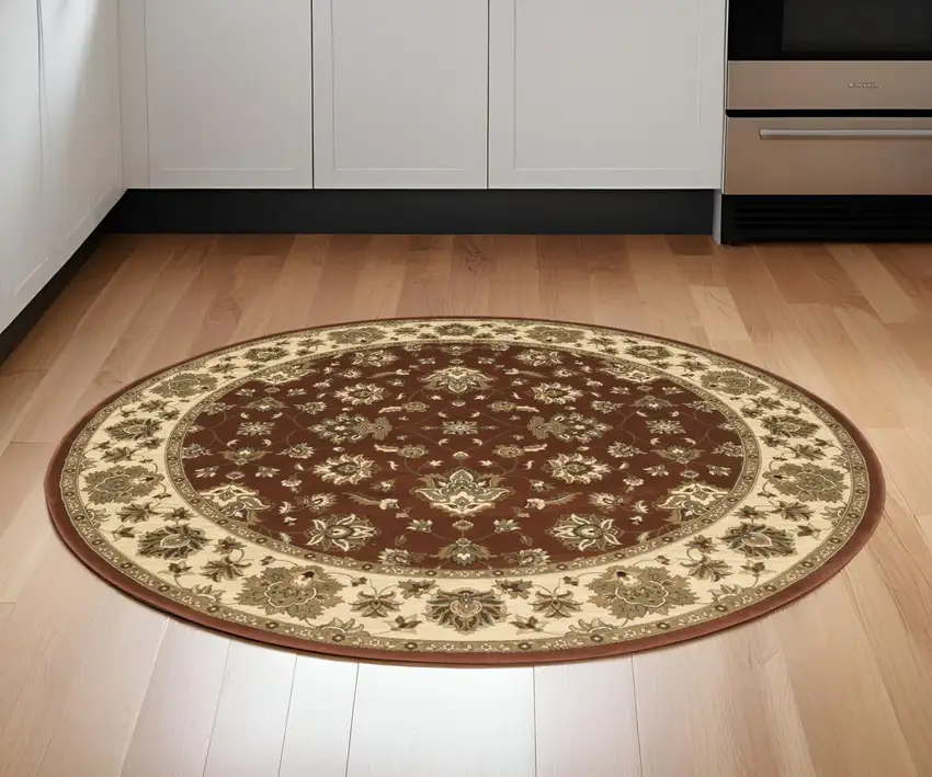 6' Red and Ivory Floral Round Rug Photo 1