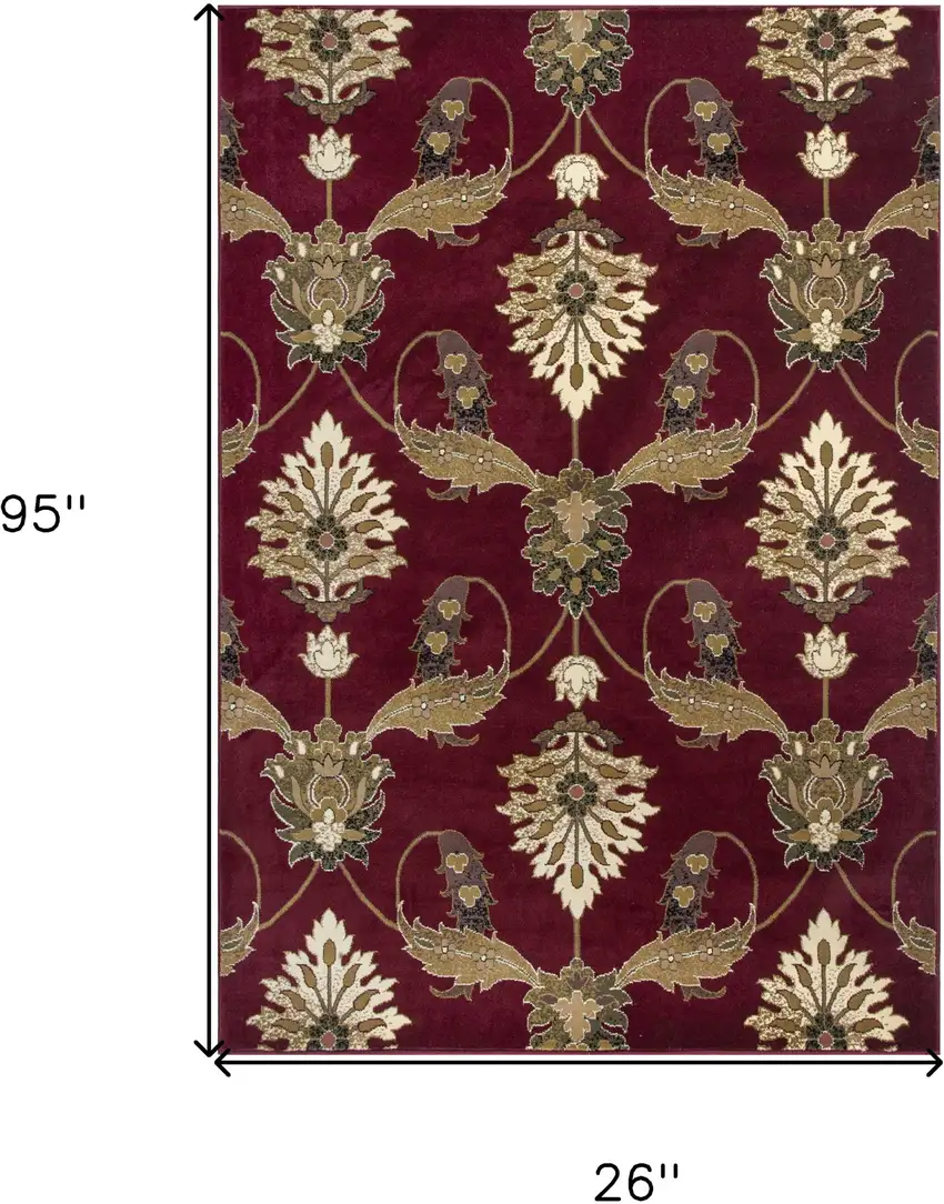 8' Red and Ivory Floral Runner Rug Photo 3