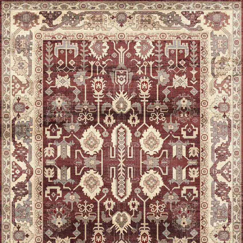 8' Red and Ivory Oriental Distressed Non Skid Runner Rug Photo 8