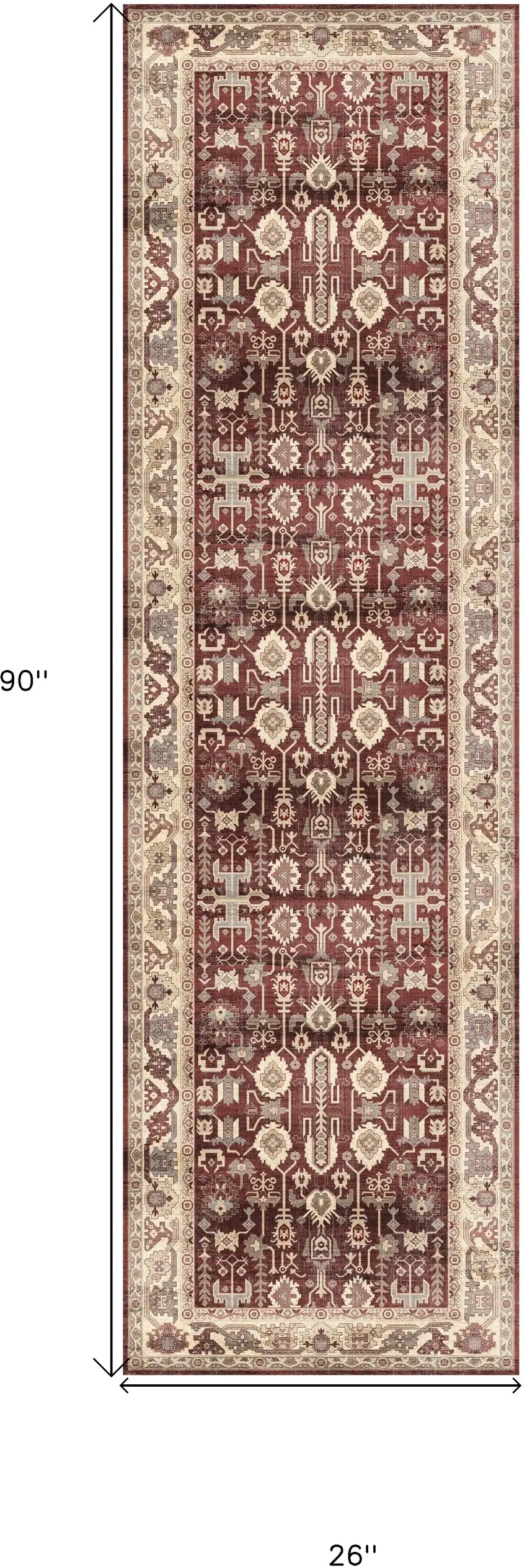 8' Red and Ivory Oriental Distressed Non Skid Runner Rug Photo 3