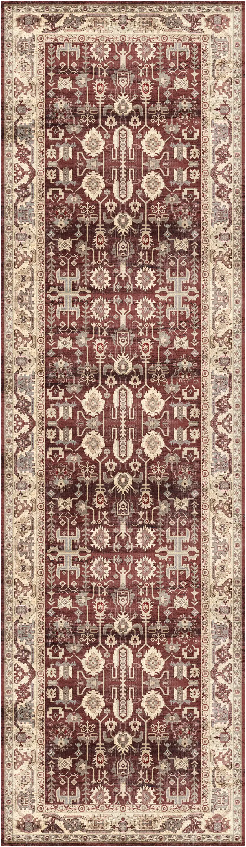8' Red and Ivory Oriental Distressed Non Skid Runner Rug Photo 2