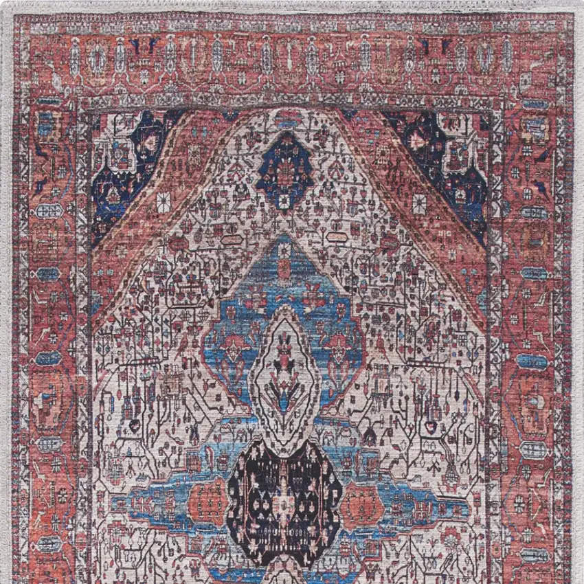 6' Red and Ivory Oriental Power Loom Distressed Washable Non Skid Runner Rug Photo 9