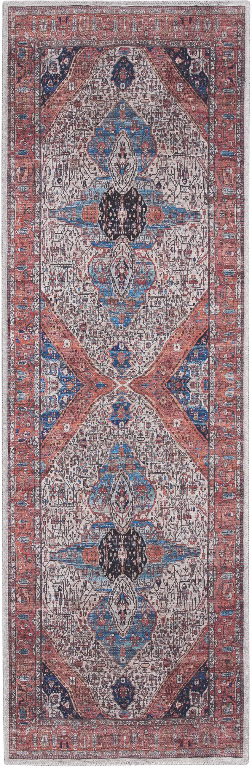 6' Red and Ivory Oriental Power Loom Distressed Washable Non Skid Runner Rug Photo 1