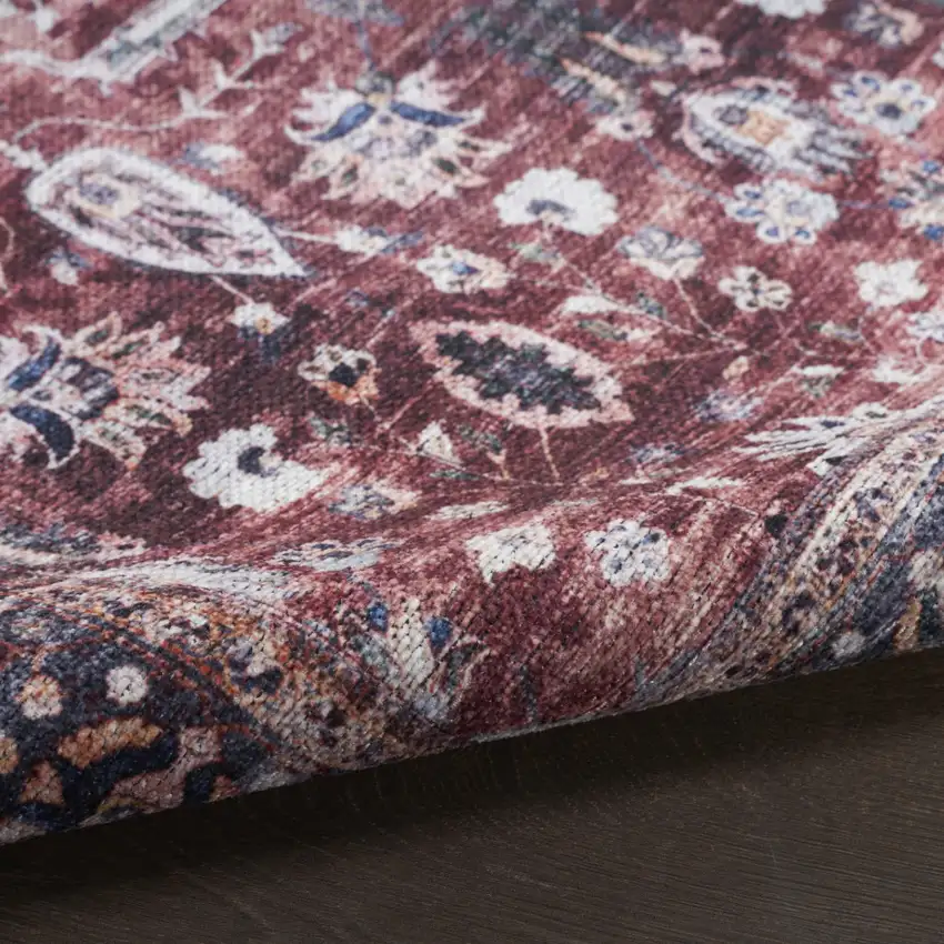 6' Red and Ivory Oriental Power Loom Distressed Washable Non Skid Runner Rug Photo 9