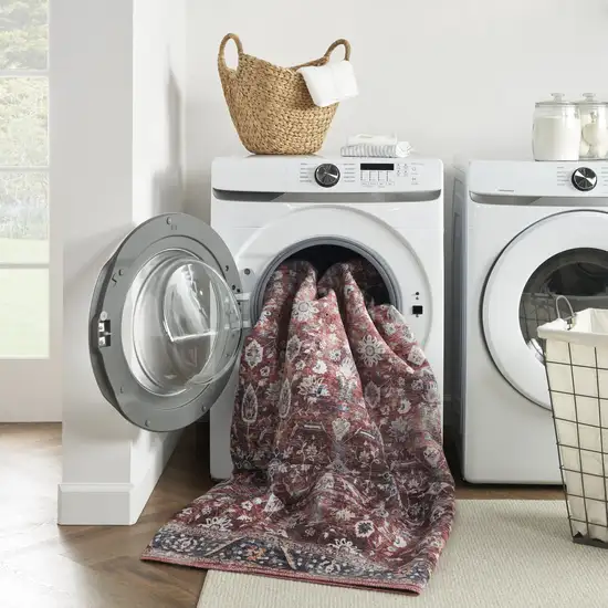 6' Red and Ivory Oriental Power Loom Distressed Washable Non Skid Runner Rug Photo 6