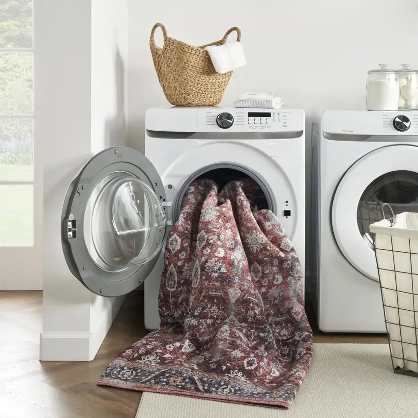 6' Red and Ivory Oriental Power Loom Distressed Washable Non Skid Runner Rug Photo 6